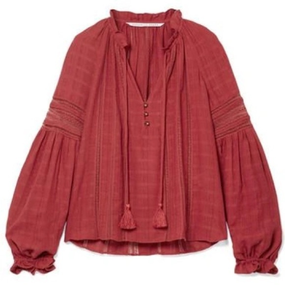 Veronica Beard Tops - Veronica Beard Kalina Tassel Tie Boho Peasant Blouse Long Sleeve Top Brick Red